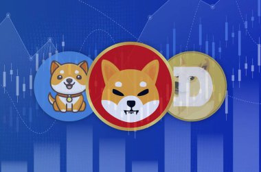 Dogecoin, bebek bakıcısı ve shiba inu kripto para birimi logoları. Mim para resimleri. 3d illüstrasyon.