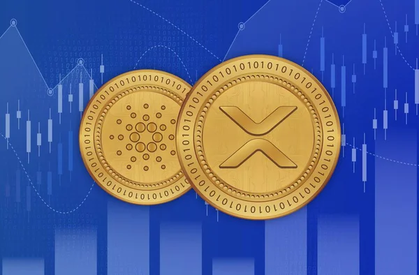 cardano-ada  and  ripple-xrp virtual currency logo. 3d illustrations.