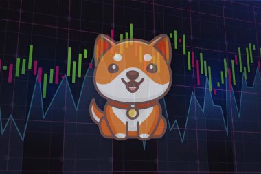 Baby doge virtual currency logo on colorful lights background. 3d illustration