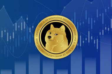 Dijital arkaplanda dogecoin-dog kripto para biriminin görüntüleri. 3d illüstrasyon.