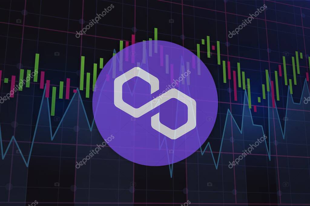 Polygon-matic cryptocurrency images on digital background. 3d illustration.
