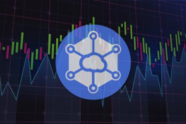 Dijital arkaplanda Storj kripto para birimi resimleri. 3d illüstrasyon.