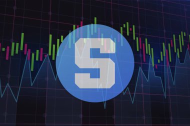  Soyut arka planda kum havuzu ve sanal para birimi logosu. 3d illüstrasyon.