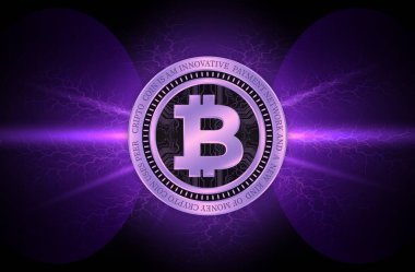 Dijital arkaplandaki bitcoin-btc logosunun görüntüleri. 3d illüstrasyon.