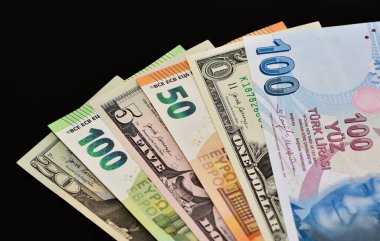 Çeşitli ülkelerin banknotlarının görüntüleri. Türk lirası, Amerikan doları ve avro fotoğrafları.