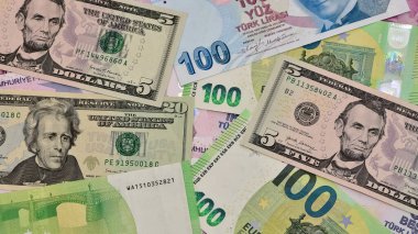 Çeşitli ülkelerin banknotlarının görüntüleri. Türk lirası, Amerikan doları ve avro fotoğrafları.