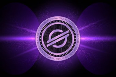 Dijital arkaplanda yıldız-xlm şifreli para birimi resimleri. 3d illüstrasyon.