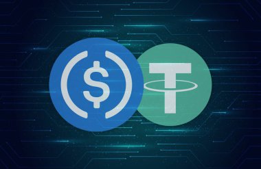 Dijital arkaplanda bağlayıcı-usdt ve USDC sanal para birimi görüntüsü. 3d illüstrasyon.