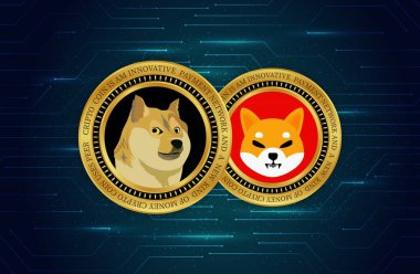 Shiba inu ve dogecoin sanal para birimi görselleri soyut bir arkaplanda. 3d illüstrasyon.