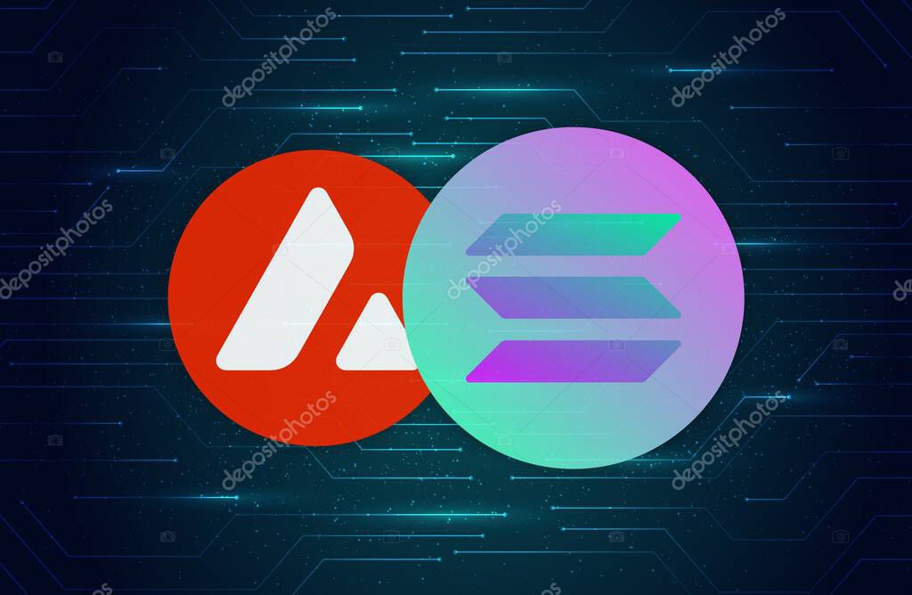 Avalanche-avax and solana-sol virtual currency logo. 3d illustrations.