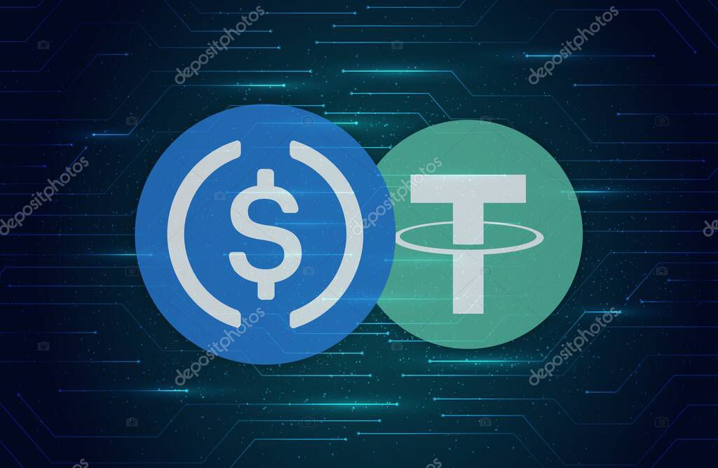 Tether-usdt and usdc virtual currency image in the digital background. 3d illustrations.