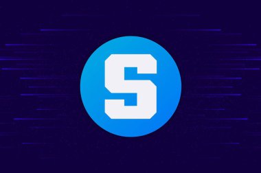  Soyut arka planda kum havuzu ve sanal para birimi logosu. 3d illüstrasyon.