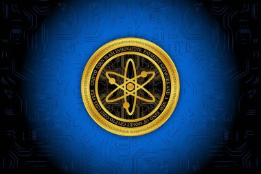 Dijital arkaplanda kozmos-atom kripto para birimi görüntüleri. 3d illüstrasyon.