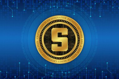  Soyut arka planda kum havuzu ve sanal para birimi logosu. 3d illüstrasyon.