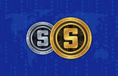  Soyut arka planda kum havuzu ve sanal para birimi logosu. 3d illüstrasyon.