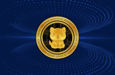 Bebek Doge renkli ışık arka planında sanal para birimi logosu. 3d illüstrasyon