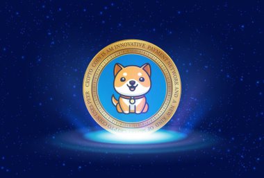 Baby doge virtual currency logo on colorful lights background. 3d illustration