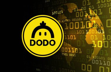 Dijital arkaplanda Dodo şifreli para birimi logosu resimleri. 3d illüstrasyon.