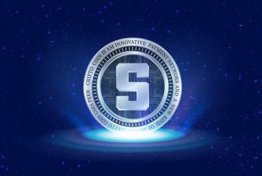  Soyut arka planda kum havuzu ve sanal para birimi logosu. 3d illüstrasyon.