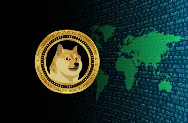 Dijital arkaplanda dogecoin-dog kripto para biriminin görüntüleri. 3d illüstrasyon.