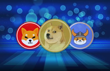 Shiba inu, dogecoin ve floki inu para sanal para biriminin dijital arkaplanda bir görüntüsü. 3d illüstrasyon.