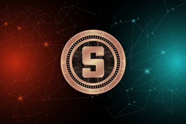  Soyut arka planda kum havuzu ve sanal para birimi logosu. 3d illüstrasyon.