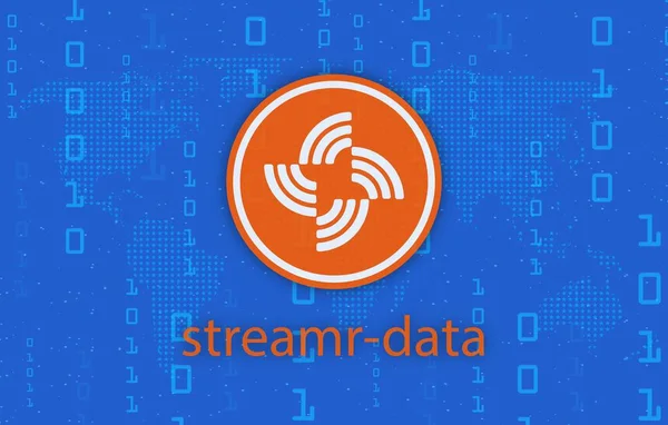 Images of streamr-data cryptocurrency logos on digital background. 3d illustrations.