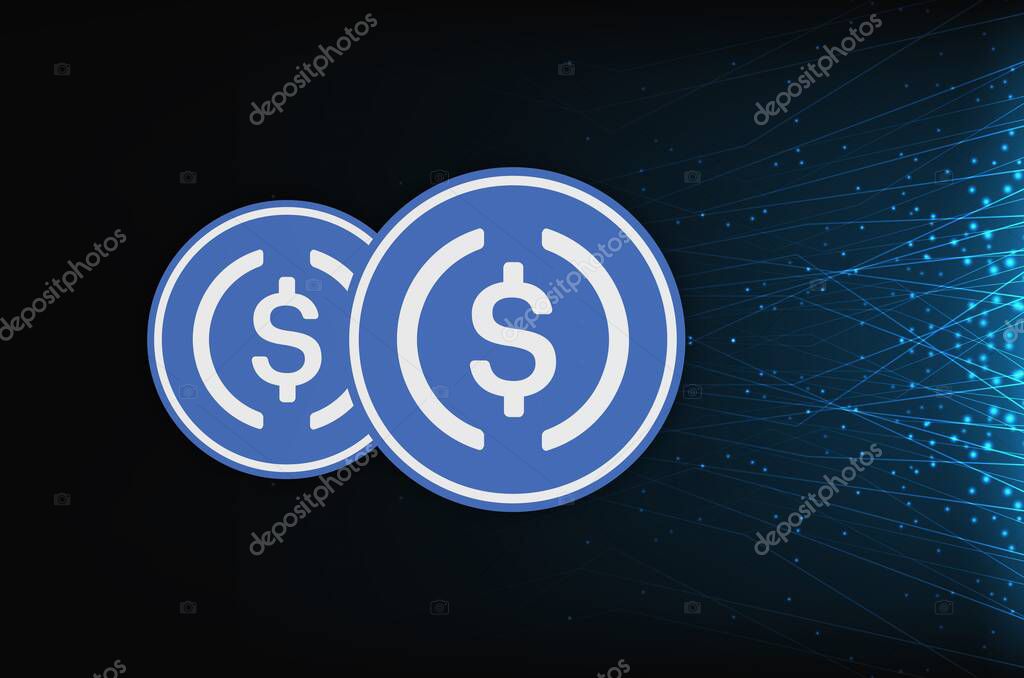 USDC virtual currency images on digital background. 3d illustrations.