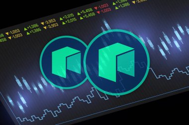 Dijital arkaplanda yeni sanal para birimi görüntüleri. 3d illüstrasyon.