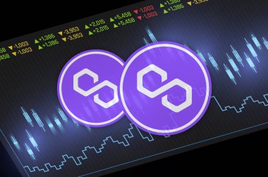 Dijital arkaplanda çokgen-matik kripto para birimi resimleri. 3d illüstrasyon.