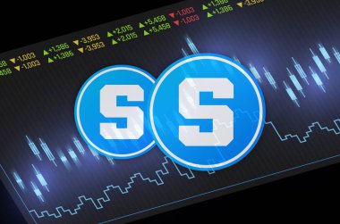  Soyut arka planda kum havuzu ve sanal para birimi logosu. 3d illüstrasyon.