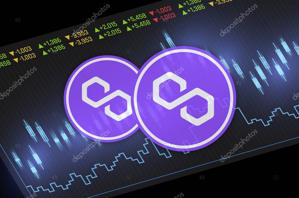 Polygon-matic cryptocurrency images on digital background. 3d illustration.