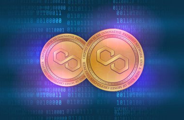 Dijital arkaplanda çokgen-matik kripto para birimi resimleri. 3d illüstrasyon.