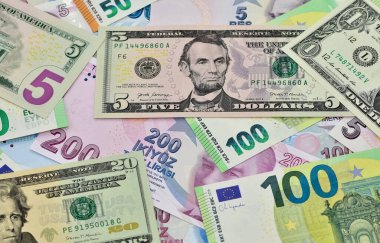 Çeşitli banknotların görüntüleri. Amerikan doları, Türk lirası ve avro fotoğrafları.