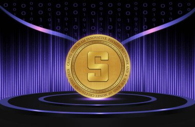  Soyut arka planda kum havuzu ve sanal para birimi logosu. 3d illüstrasyon.