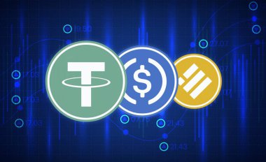 Bağlayıcı-usdt, USDC ve Binance usd-busd 'un şifreli para birimi görüntüleri. 3d illüstrasyon.