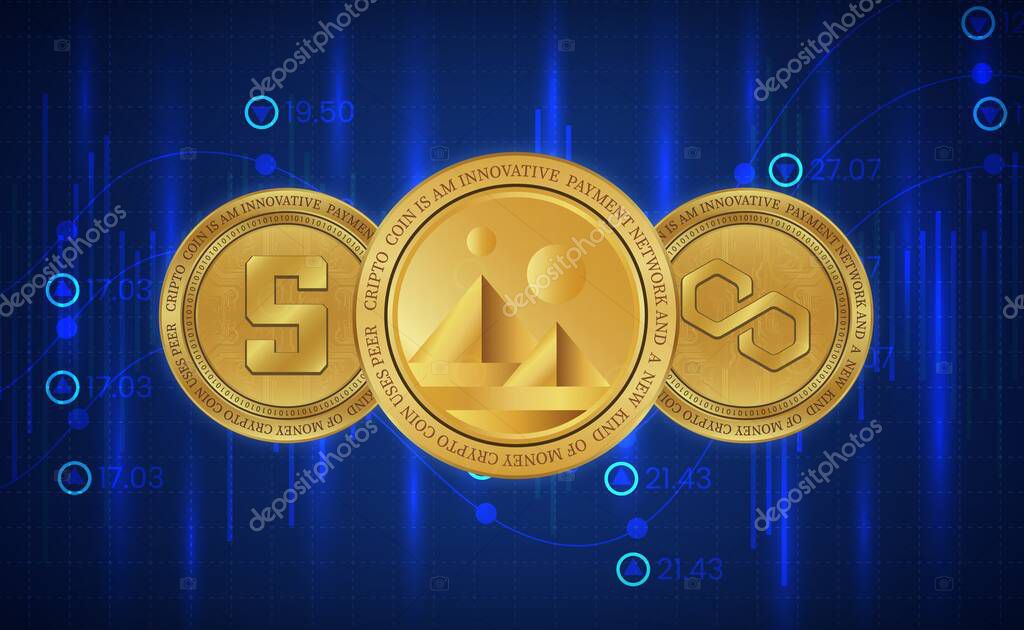 Sandbox-sand, polygon-matic and decentraland-mana virtual currency logo. 3d illstrasyon.