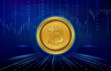 Dijital arkaplandaki bitcoin-btc logosunun görüntüleri. 3d illüstrasyon.