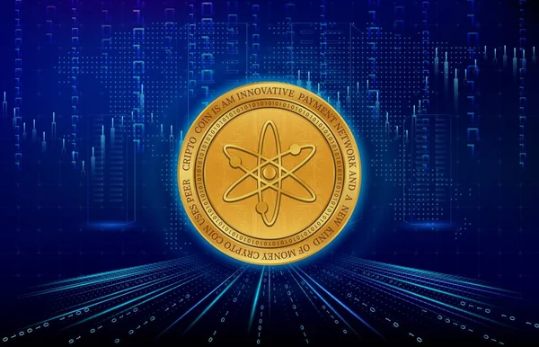 Dijital arkaplanda kozmos-atom kripto para birimi görüntüleri. 3d illüstrasyon.