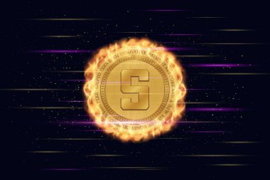  Soyut arka planda kum havuzu ve sanal para birimi logosu. 3d illüstrasyon.