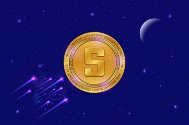  Soyut arka planda kum havuzu ve sanal para birimi logosu. 3d illüstrasyon.