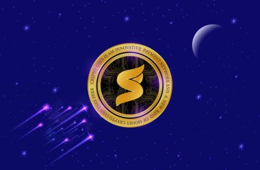 Dijital arka planda süper çiftlik süper sanal para birimi görüntüleri. 3d illüstrasyon.