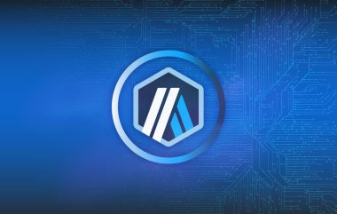 Arbitrum-yay sanal para biriminin dijital arkaplandaki görüntüsü. 3d illüstrasyon.