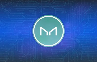 Dijital arka planda sanal para üreticisi-mkr madeni parasının bir görüntüsü. 3d illüstrasyon.