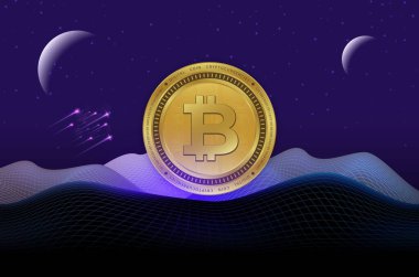 Dijital arkaplandaki bitcoin-btc logosunun görüntüleri. 3d illüstrasyon.