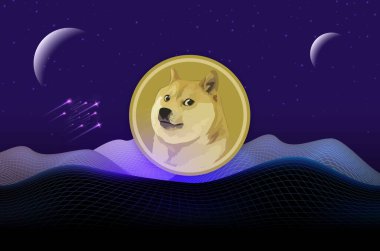 Dijital arkaplanda dogecoin-dog kripto para biriminin görüntüleri. 3d illüstrasyon.
