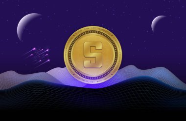  Soyut arka planda kum havuzu ve sanal para birimi logosu. 3d illüstrasyon.