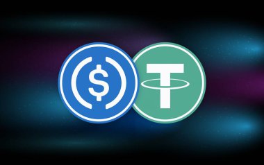 tether-usdt and usdc virtual currency image in the digital background. 3d illustrations. clipart