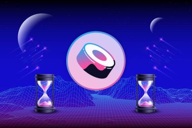 Dijital arkaplanda suşi kripto resmi var. 3d illüstrasyon.