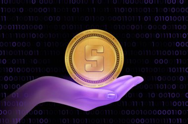  Soyut arka planda kum havuzu ve sanal para birimi logosu. 3d illüstrasyon.